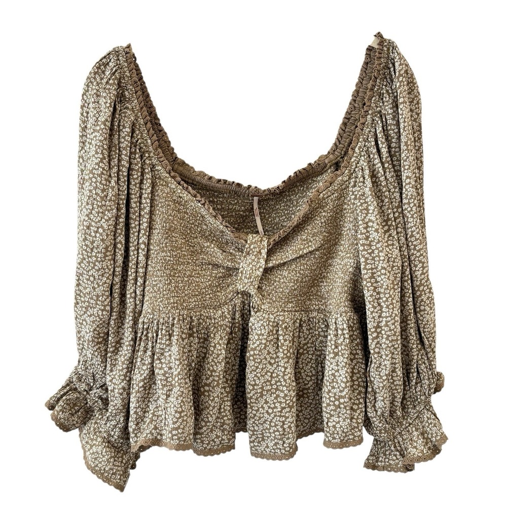 Free People Britnee Floral‎ Smocked Top Womens L Beige Boho Babydoll Festival